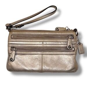 Coach‎ Metallic Silver Leather Wristlet Clutch Bag With Multiple Zippers